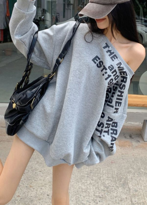Loose Grey Cold Shoulder Letter Print Cotton Sweatshirt Spring - Image 4