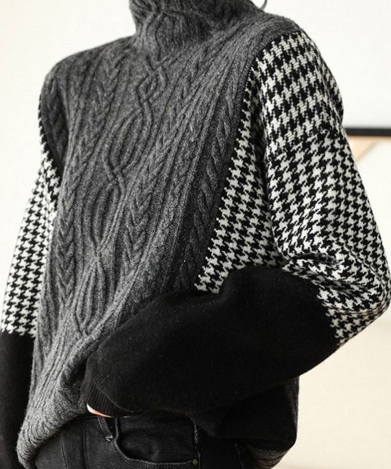Loose Grey Hign Neck Patchwork Knit Sweater Spring