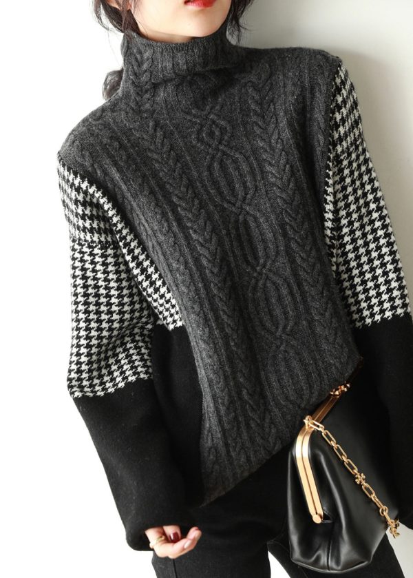 Loose Grey Hign Neck Patchwork Knit Sweater Spring - Image 2