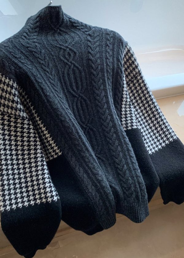 Loose Grey Hign Neck Patchwork Knit Sweater Spring - Image 3