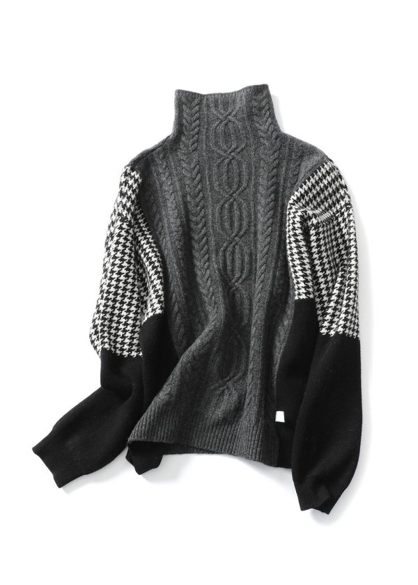 Loose Grey Hign Neck Patchwork Knit Sweater Spring - Image 5