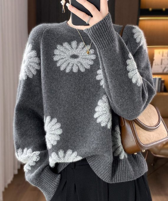 Loose Grey O Neck Cozy Woolen Knit Sweaters Spring