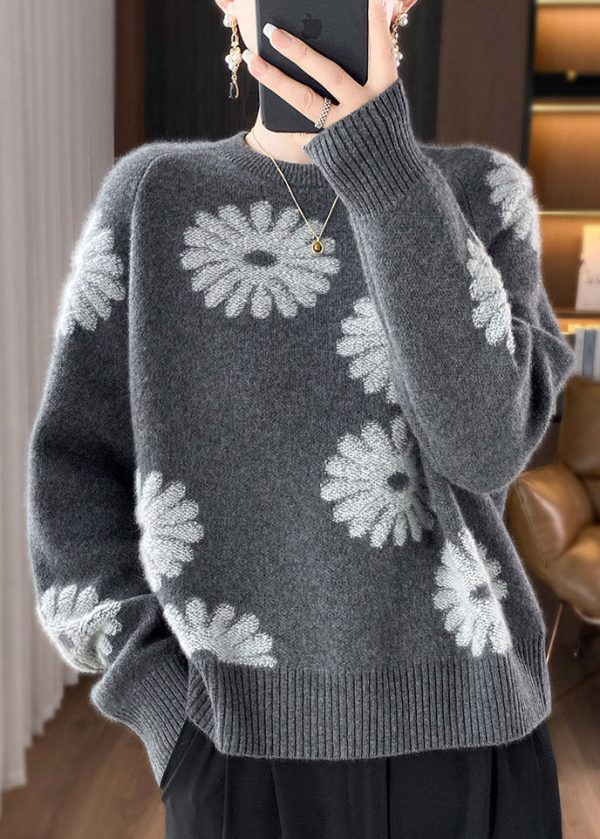 Loose Grey O Neck Cozy Woolen Knit Sweaters Spring - Image 3