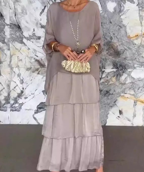Loose Grey O Neck Solid Chiffon Long Dress Half Sleeve