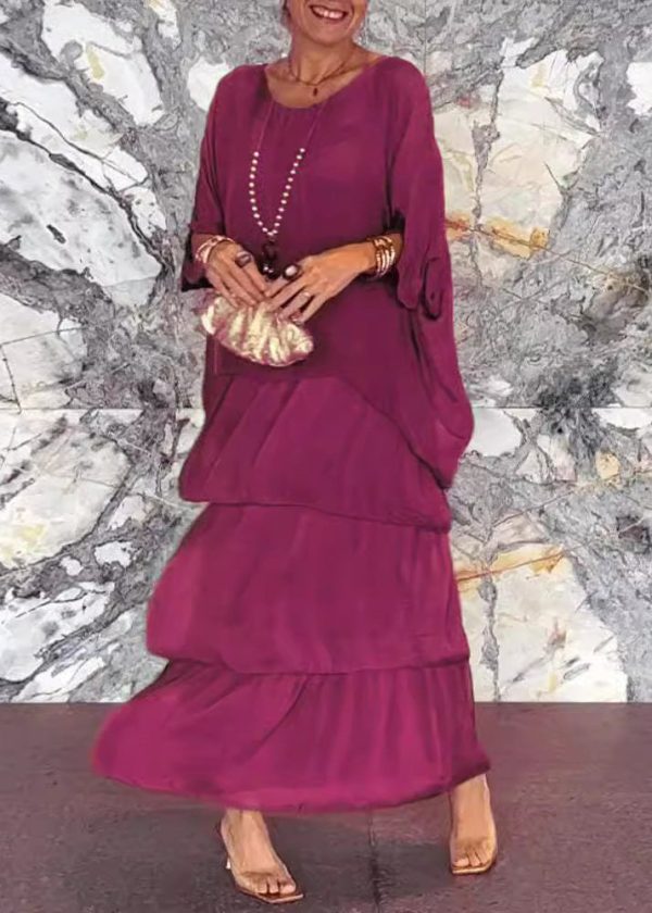 Loose Grey O Neck Solid Chiffon Long Dress Half Sleeve - Image 4