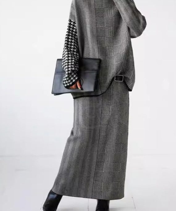Loose Grey Plaid Knit Sweaters And Skirts Two Piece Set Outfits Fall
