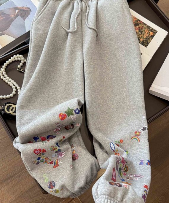 Loose Grey Print Elastic Waist Cotton Beam Pants Spring