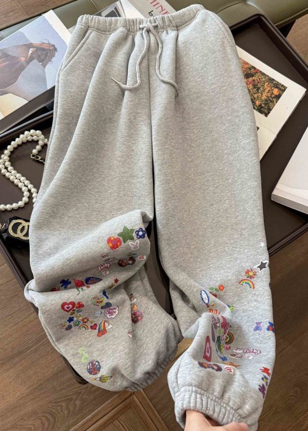 Loose Grey Print Elastic Waist Cotton Beam Pants Spring