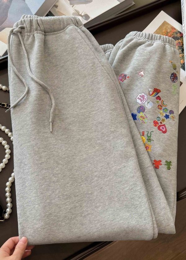 Loose Grey Print Elastic Waist Cotton Beam Pants Spring - Image 3
