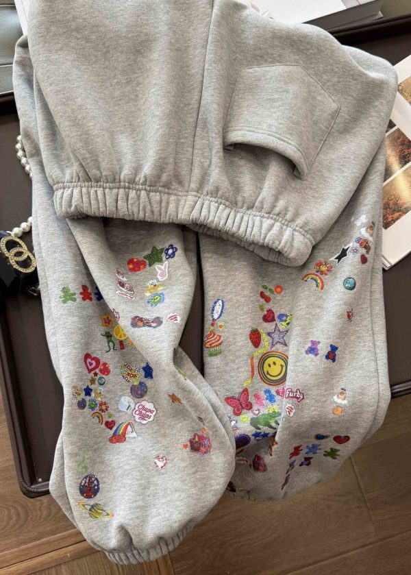 Loose Grey Print Elastic Waist Cotton Beam Pants Spring - Image 4