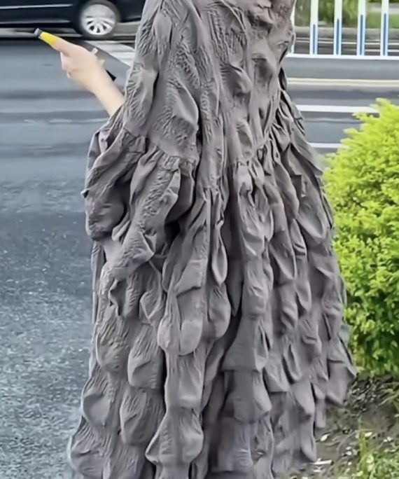 Loose Grey V Neck Original Design Cotton Dress Flare Sleeve