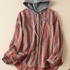 Loose Hooded Striped Pockets Patchwork Cotton Shirts Spring