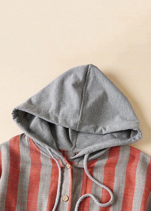 Loose Hooded Striped Pockets Patchwork Cotton Shirts Spring - Image 4