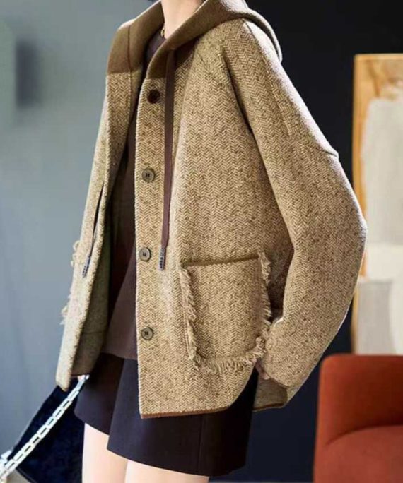 Loose Khaki Patchwork Pockets Button Woolen Hooded Coats Spring