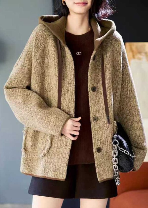Loose Khaki Patchwork Pockets Button Woolen Hooded Coats Spring - Image 2