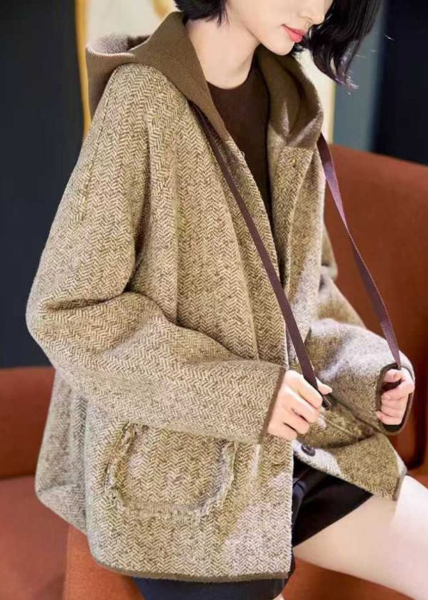 Loose Khaki Patchwork Pockets Button Woolen Hooded Coats Spring - Image 3