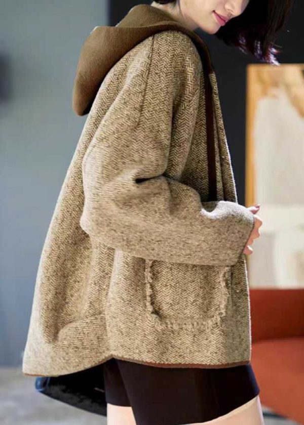 Loose Khaki Patchwork Pockets Button Woolen Hooded Coats Spring - Image 4