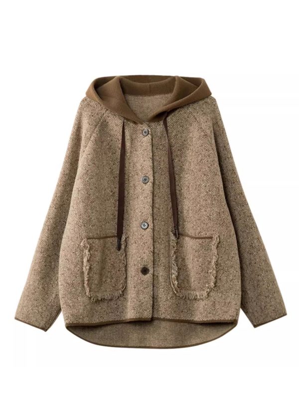 Loose Khaki Patchwork Pockets Button Woolen Hooded Coats Spring - Image 5
