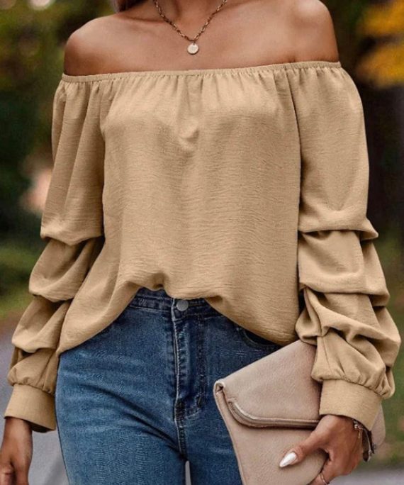 Loose Khaki Slash Neck Solid Shirts Tops Spring