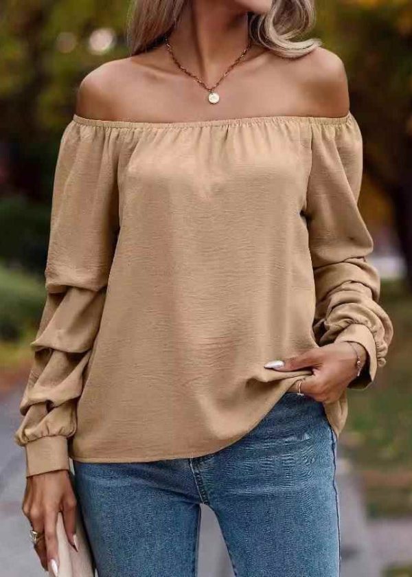 Loose Khaki Slash Neck Solid Shirts Tops Spring - Image 3
