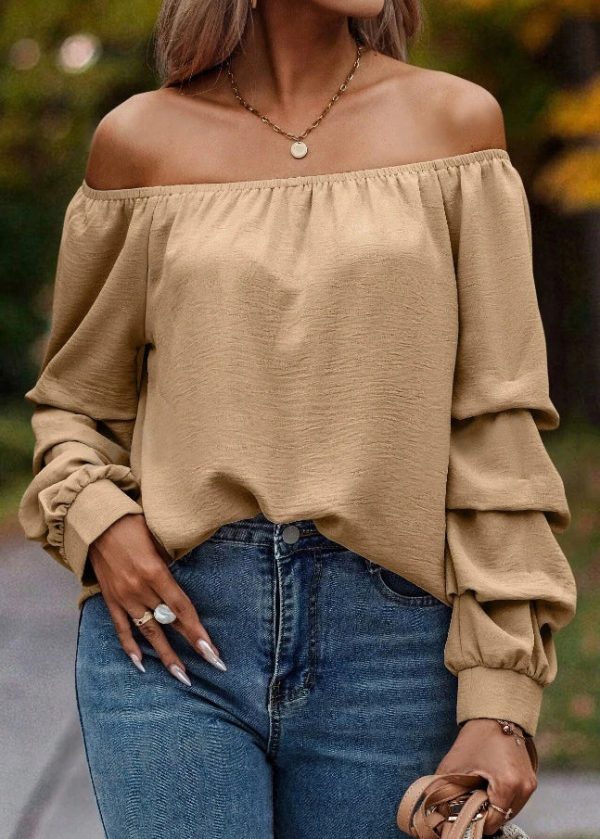 Loose Khaki Slash Neck Solid Shirts Tops Spring - Image 4