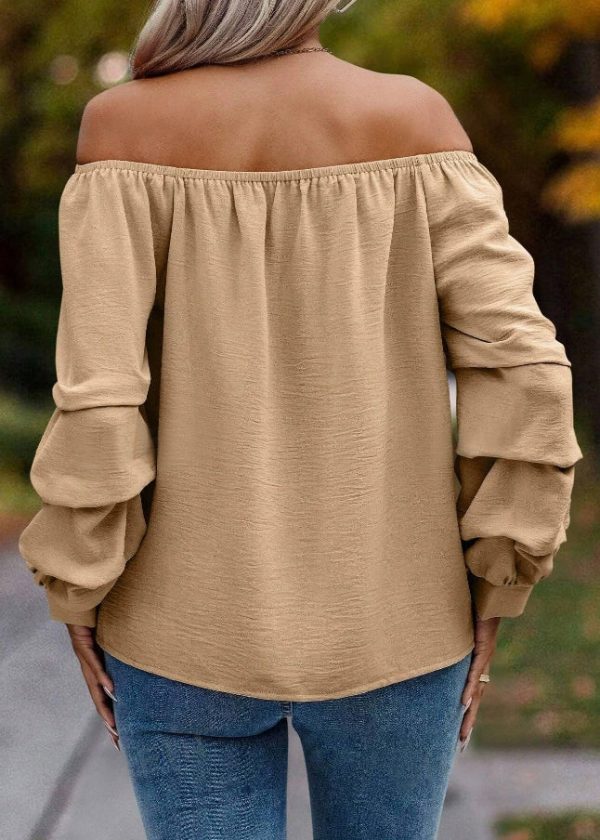 Loose Khaki Slash Neck Solid Shirts Tops Spring - Image 5
