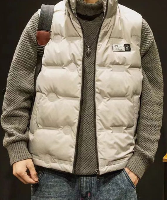 Loose Khaki Stand Collar Zip Up Mens Down Vest Sleeveless