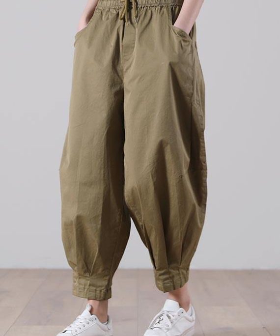 Loose Khaki tie waist Pockets Harem Pants Summer Cotton