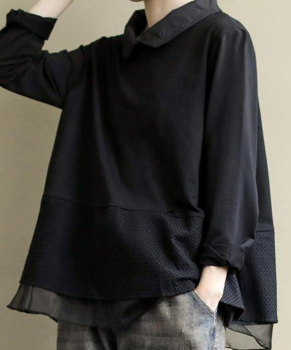 Plus Size Black Tops Lapel Patchwork Clothes Pattern