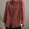 Loose Lapel Patchwork Spring Blouse Sleeve Brown red Plaid Top