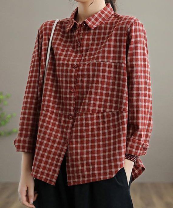 Loose Lapel Patchwork Spring Blouse Sleeve Brown red Plaid Top