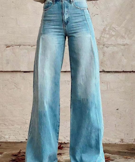 Loose Light Blue Button Pockets High Waist Denim Wide Leg Pants Spring