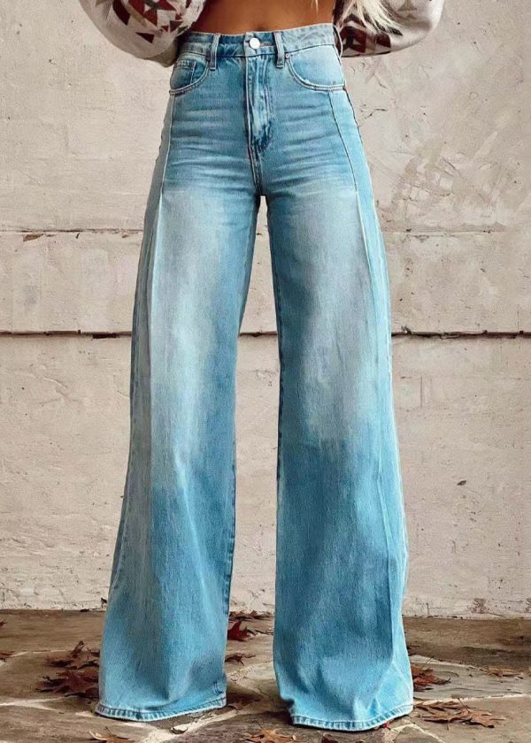 Loose Light Blue Button Pockets High Waist Denim Wide Leg Pants Spring