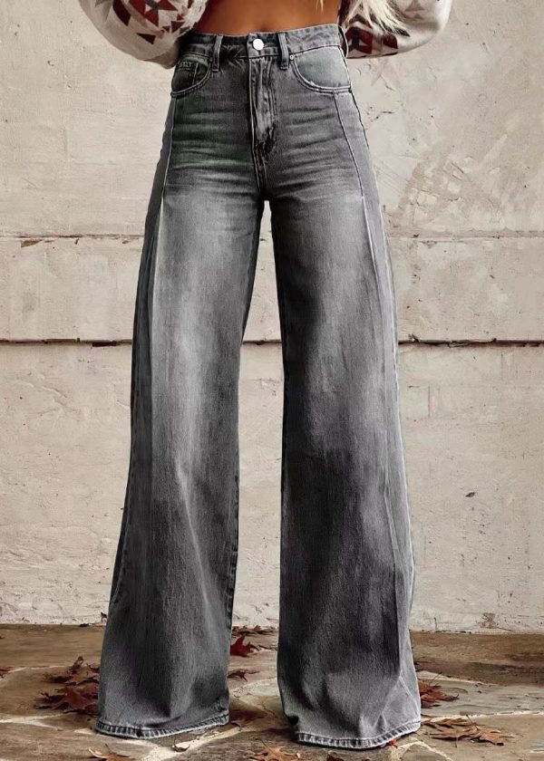 Loose Light Blue Button Pockets High Waist Denim Wide Leg Pants Spring - Image 2