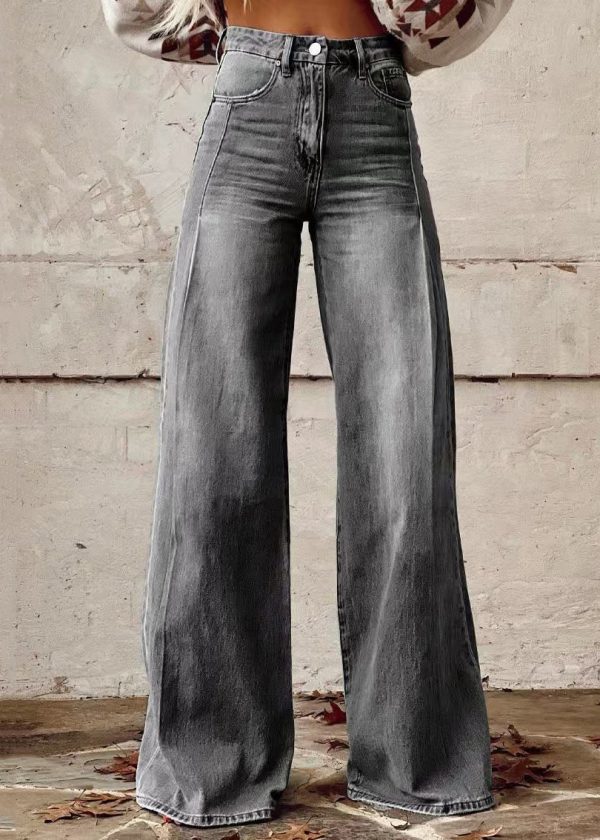 Loose Light Blue Button Pockets High Waist Denim Wide Leg Pants Spring - Image 5