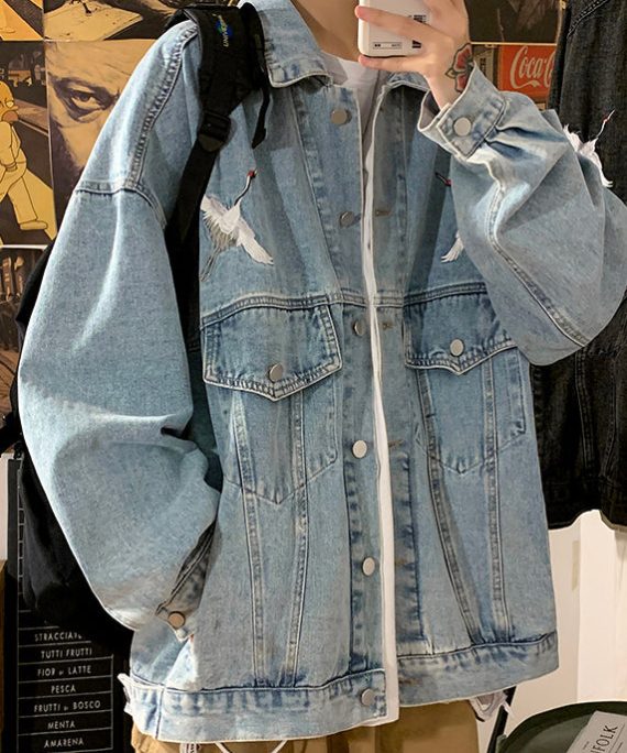 Loose Light Blue Embroideried Pockets Denim Men Coat Spring