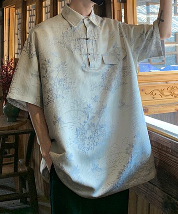 Loose Light Blue Peter Pan Collar Jacquard Ice Silk Men Shirts Summer
