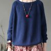 Loose Navy O Neck Cozy Knitting Cotton Short Sweater Spring