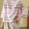 Loose O Neck Striped Cozy Linen T Shirt Bracelet Sleeve