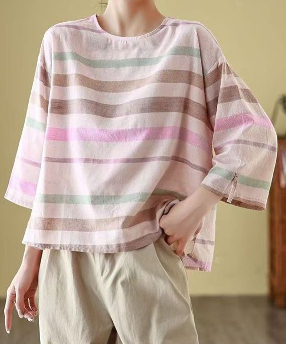 Loose O Neck Striped Cozy Linen T Shirt Bracelet Sleeve