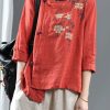 Loose Orange Embroidered Floral Linen Top Half Sleeve