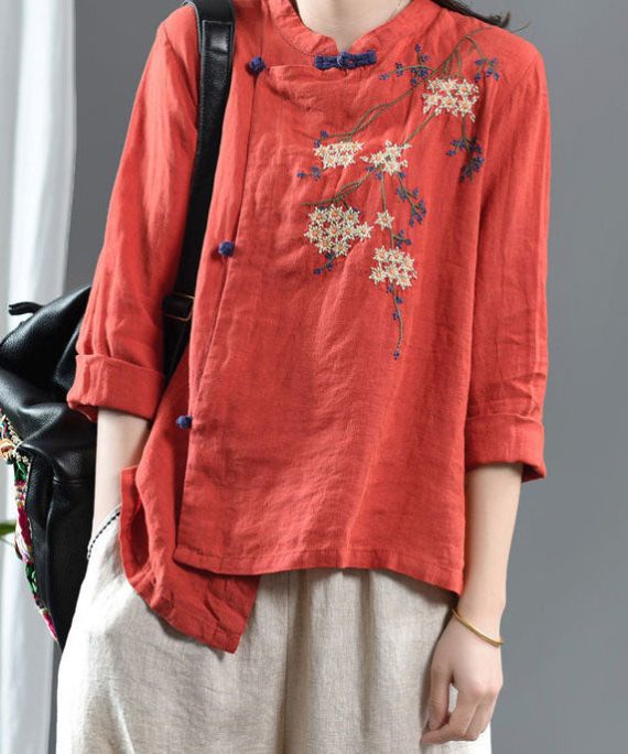 Loose Orange Embroidered Floral Linen Top Half Sleeve