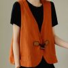 Loose Orange V Neck Button Linen Waistcoat Sleeveless