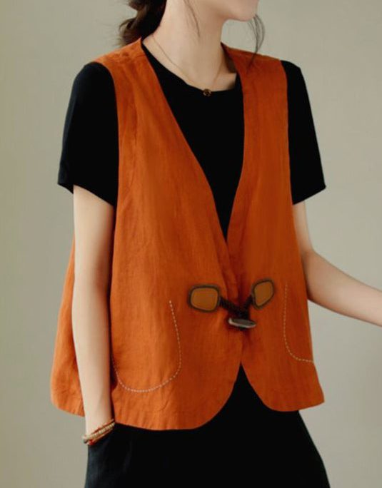 Loose Orange V Neck Button Linen Waistcoat Sleeveless