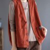 Loose Orange V Neck Button Pockets Cotton Waistcoat Sleeveless