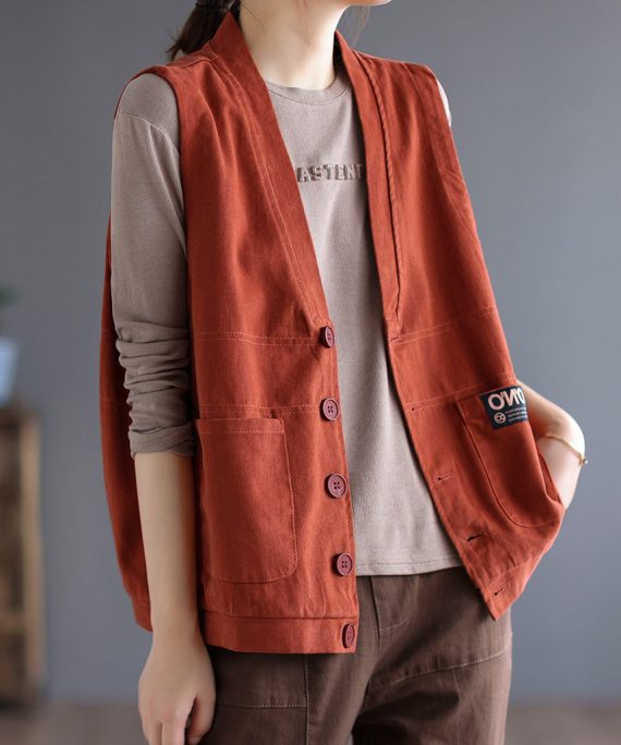 Loose Orange V Neck Button Pockets Cotton Waistcoat Sleeveless