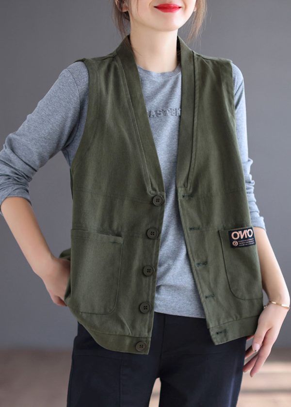 Loose Orange V Neck Button Pockets Cotton Waistcoat Sleeveless - Image 2
