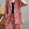 Loose Peter Pan Collar Print Coat And Shorts Cotton Two Pieces Set Summer