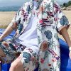 Loose Peter Pan Collar Print Cotton Men Two Pieces Set Summer