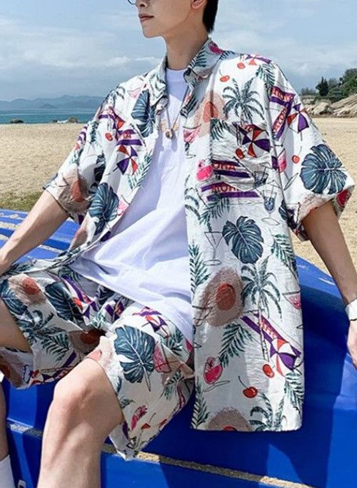 Loose Peter Pan Collar Print Cotton Men Two Pieces Set Summer
